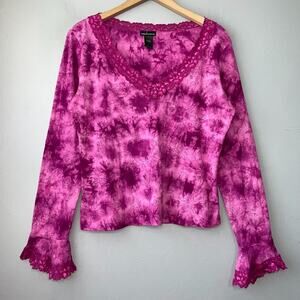 Moda International Size Large Pink Purple Tie Dye Knit Top Lace Trim Y2K Grunge
